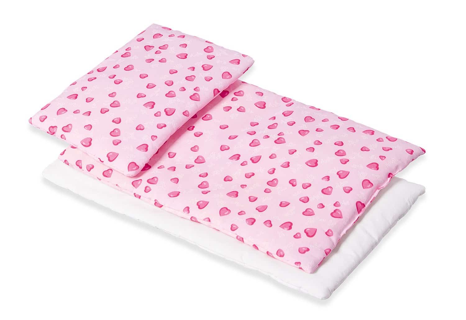 28350-7.jpg Poppen beddengoed (3-delig, wit-roze hartjes) - Afbeelding 1